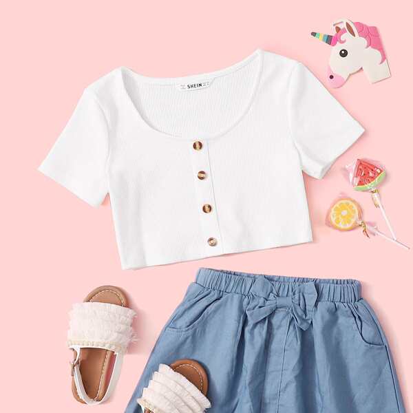 

Girls Button Front Rib-knit Crop Top, White
