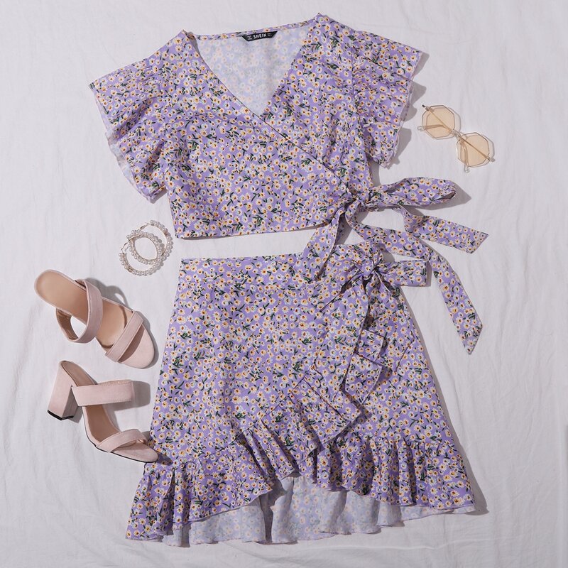 

Surplice Wrap Tie Side Ditsy Floral Top & Skirt Set, Purple