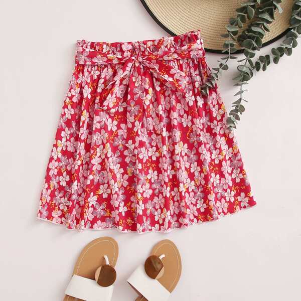 

Belted Paperbag Waist Floral Skirt, Red
