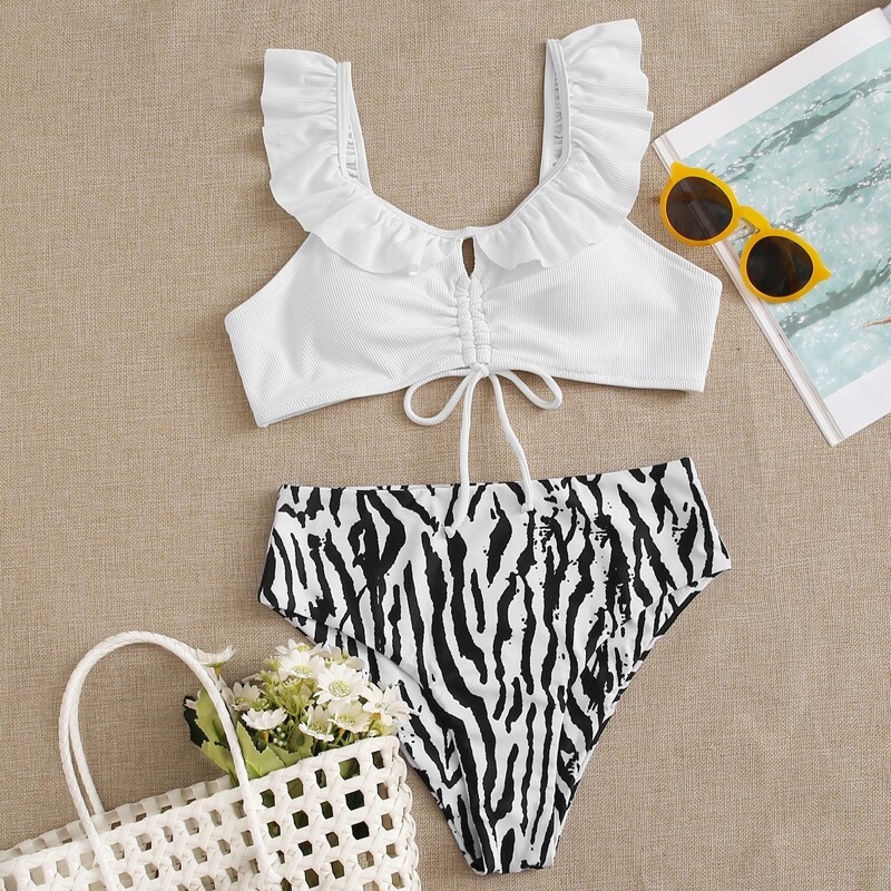 

Graphic Print Drawstring Ruffle Bikini Swimsuit, Black and white