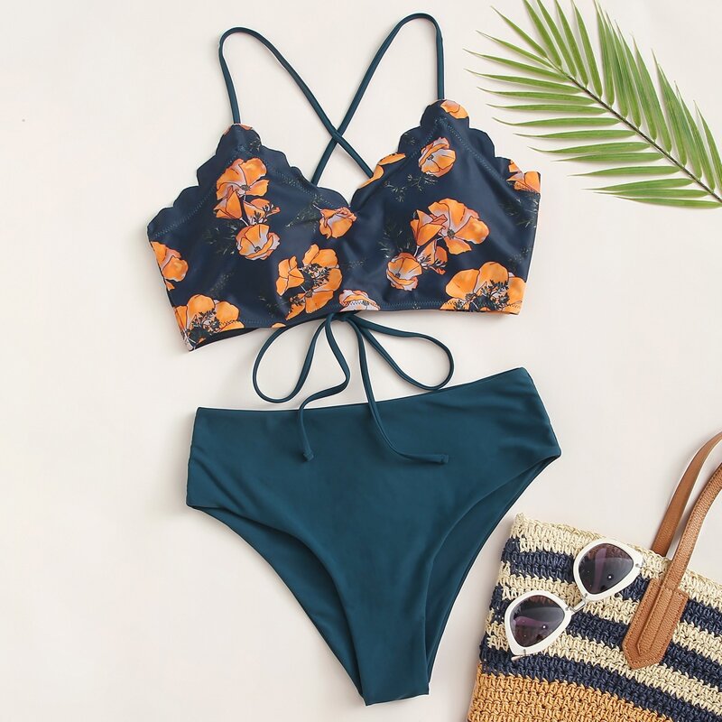 

Floral Scallop Tie Back Bikini Swimsuit, Multicolor