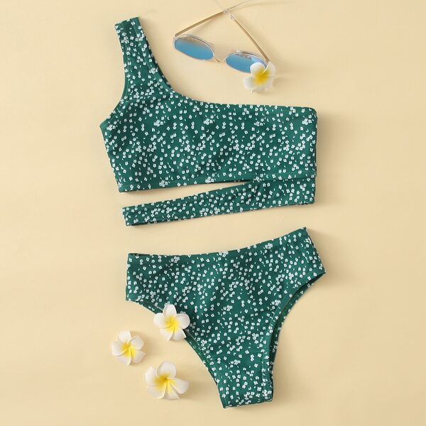 

Girls Ditsy Floral One Shoulder Bikini Swimsuit, Green