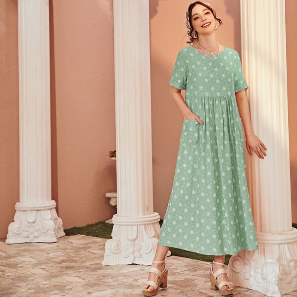 

Allover Dandelion Print Dual Pocket Dress, Green