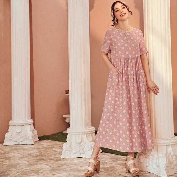 

Allover Dandelion Print Dual Pocket Dress, Pink