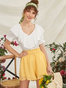 V-neck Ruffle Trim Top - White - View 3