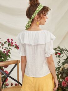 V-neck Ruffle Trim Top - White - View 2