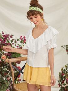 V-neck Ruffle Trim Top - White - View 4