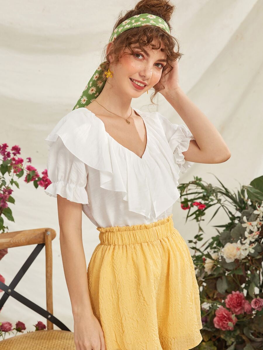 V-neck Ruffle Trim Top - White - View 1