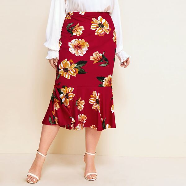 

Plus Floral Print Ruffle Hem Skirt, Red