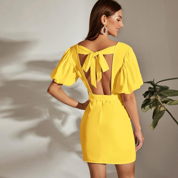 

Surplice Neck Tie Back Belted Dress, Yellow bright