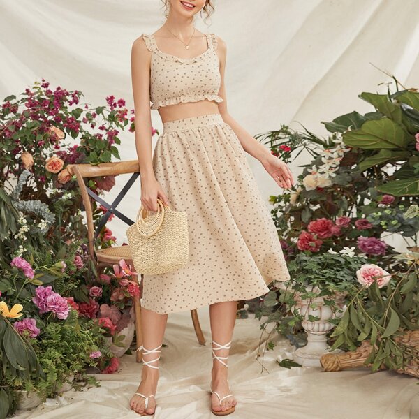 

Frill Trim Ditsy Floral Top & Skirt Set, Apricot