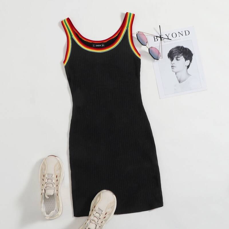 

Rainbow Striped Trim Rib-knit Dress, Black