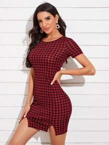 SHEIN Privé M-slit Hem Buffalo Plaid Dress - Burgundy - View 3