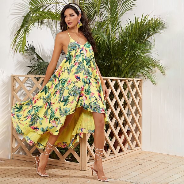 

O-ring Backless Asymmetrical Hem Floral Halter Dress, Multicolor