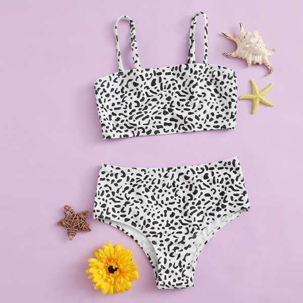 

Girls Allover Print High Waisted Bikini Swimsuit, Black and white
