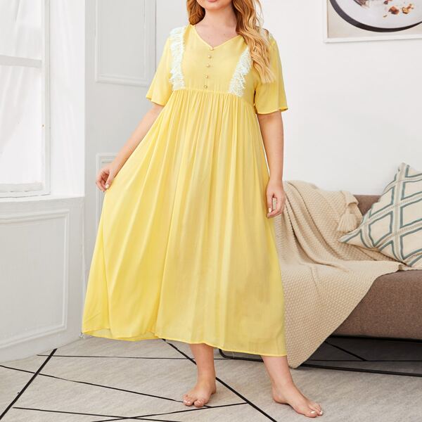 

Plus Lace Trim Button Front Nightdress, Yellow