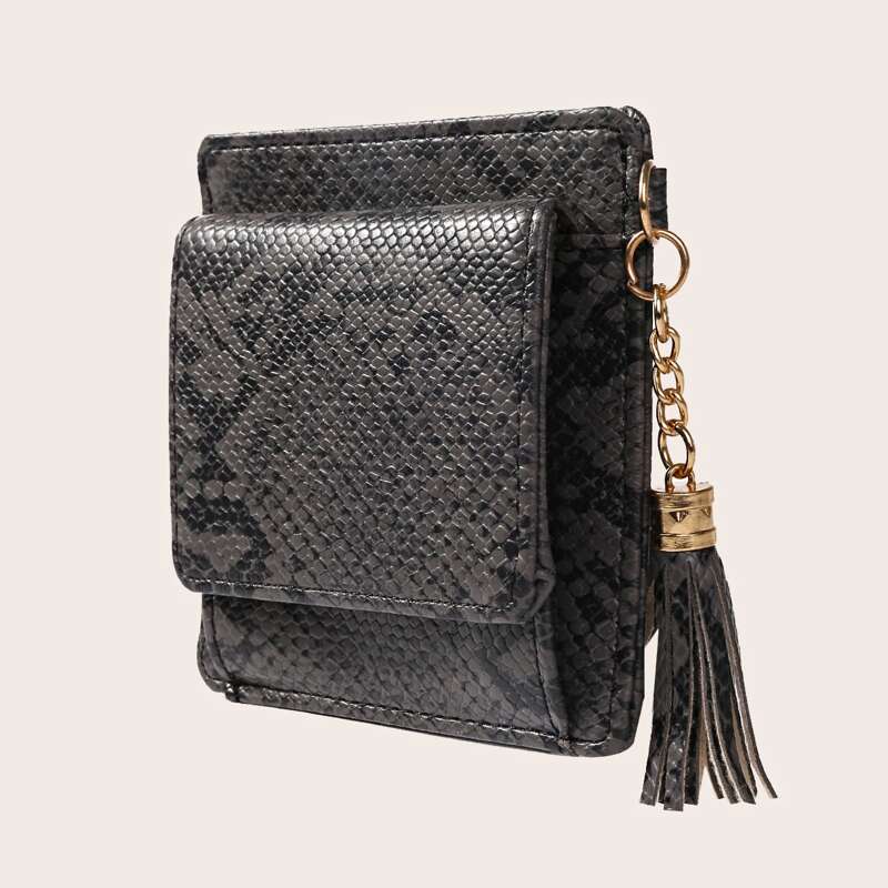 

Tassel Decor Snakeskin Pattern Purse, Black
