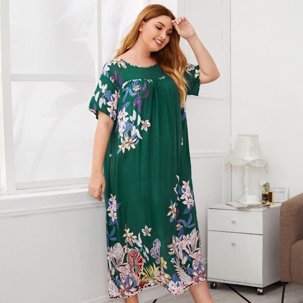 

Plus Drop Shoulder Floral Print Nightdress, Green