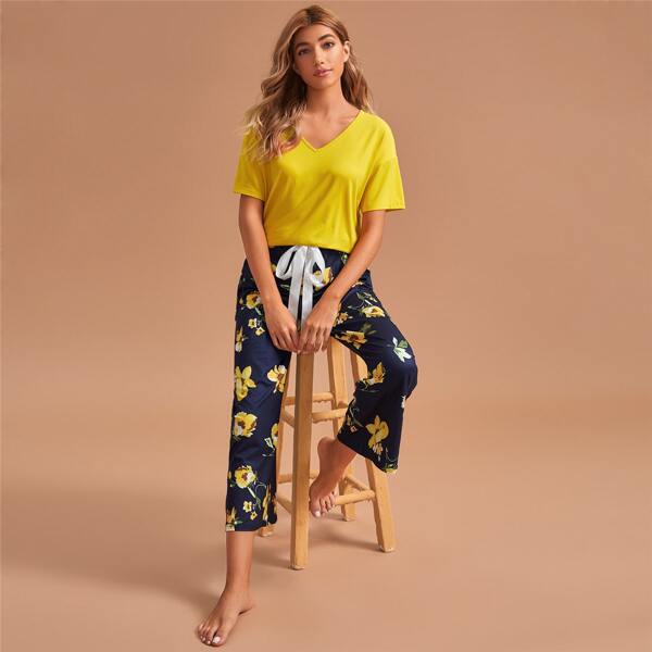 

Floral Print Drawstring Waist PJ Set, Multicolor