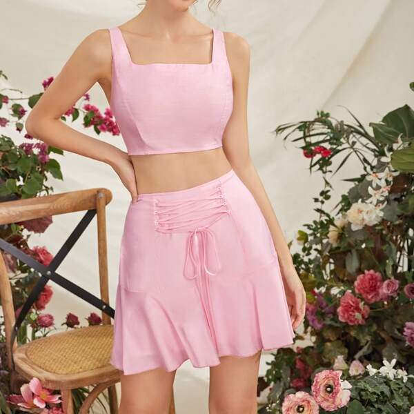 

Crop Cami Top & Lace Up Waist Skirt Set, Pink pastel