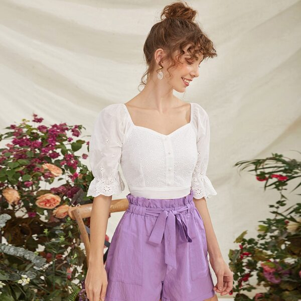 

Puff Sleeve Button Front Schiffy Top, White