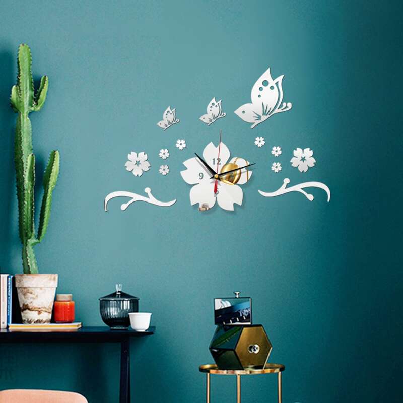 

1set Flower Design Mirror Surface Wall Clock, Multicolor
