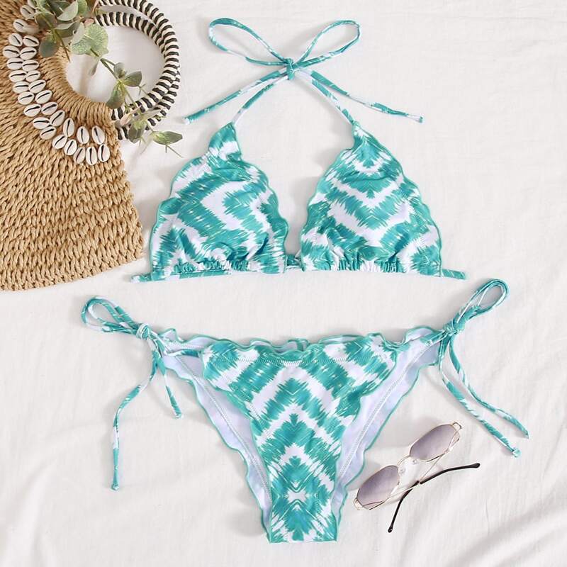 

Tie Dye Lettuce Trim Triangle Bikini Swimsuit, Green