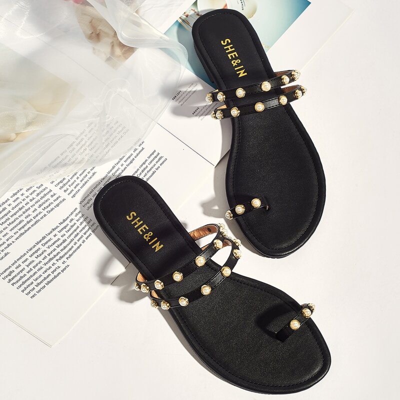 

Faux Pearl Decor Toe Loop Sliders, Black