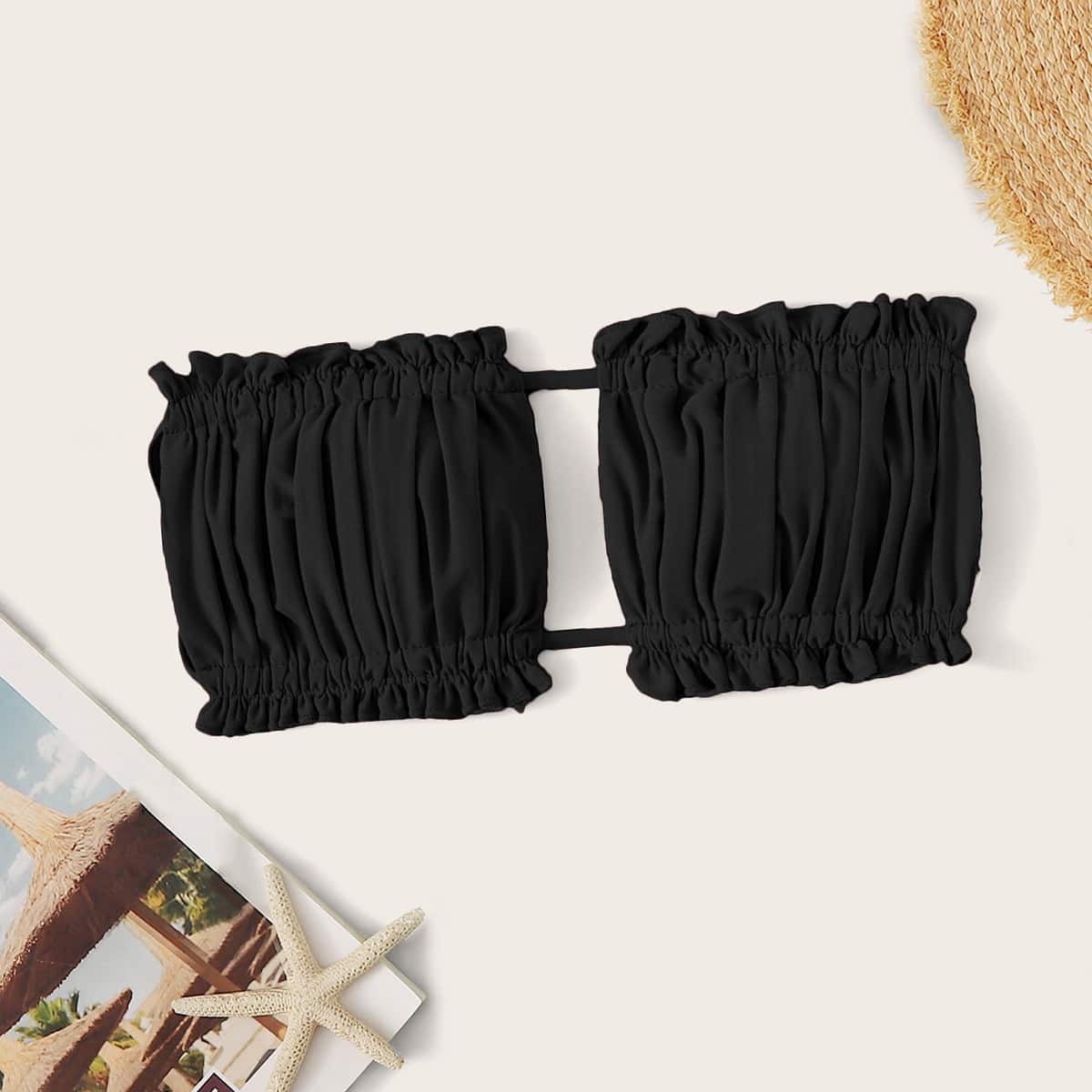 

Ruched Bust Frill Bandeau Bikini Top, Black