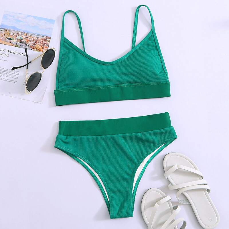

Rib High Waisted Bikini Swimsuit, Green
