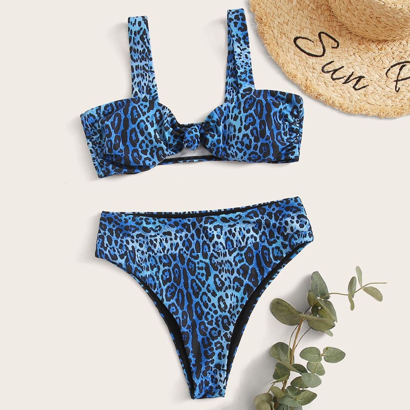 

Leopard Knot High Waisted Bikini Swimsuit, Blue