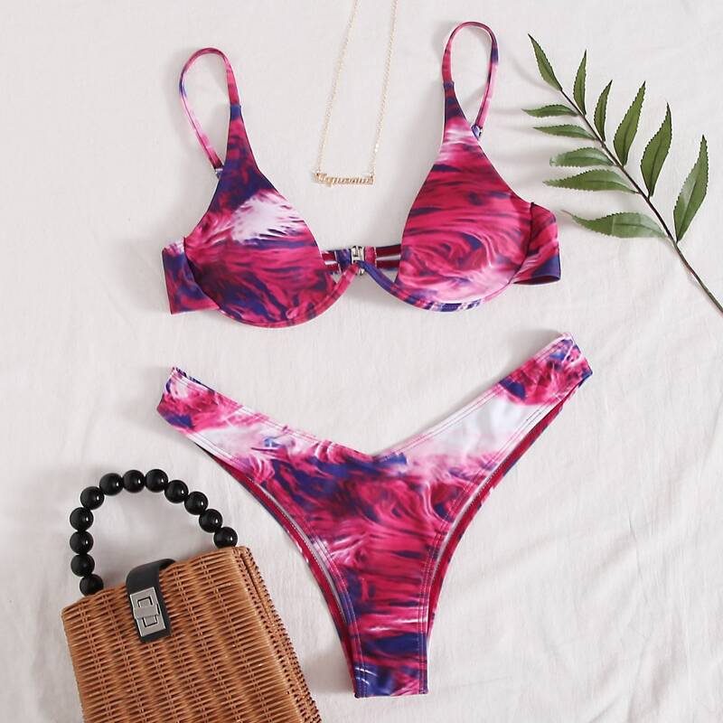 

Allover Print Underwire High Leg Bikini Swimsuit, Multicolor