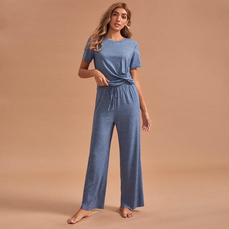 

Solid Drawstring Waist PJ Set, Blue