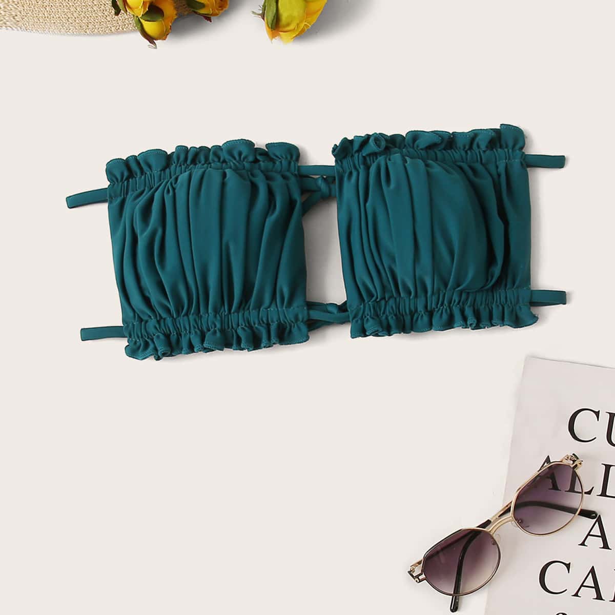 

Ruched Bust Frill Bandeau Bikini Top, Dark green