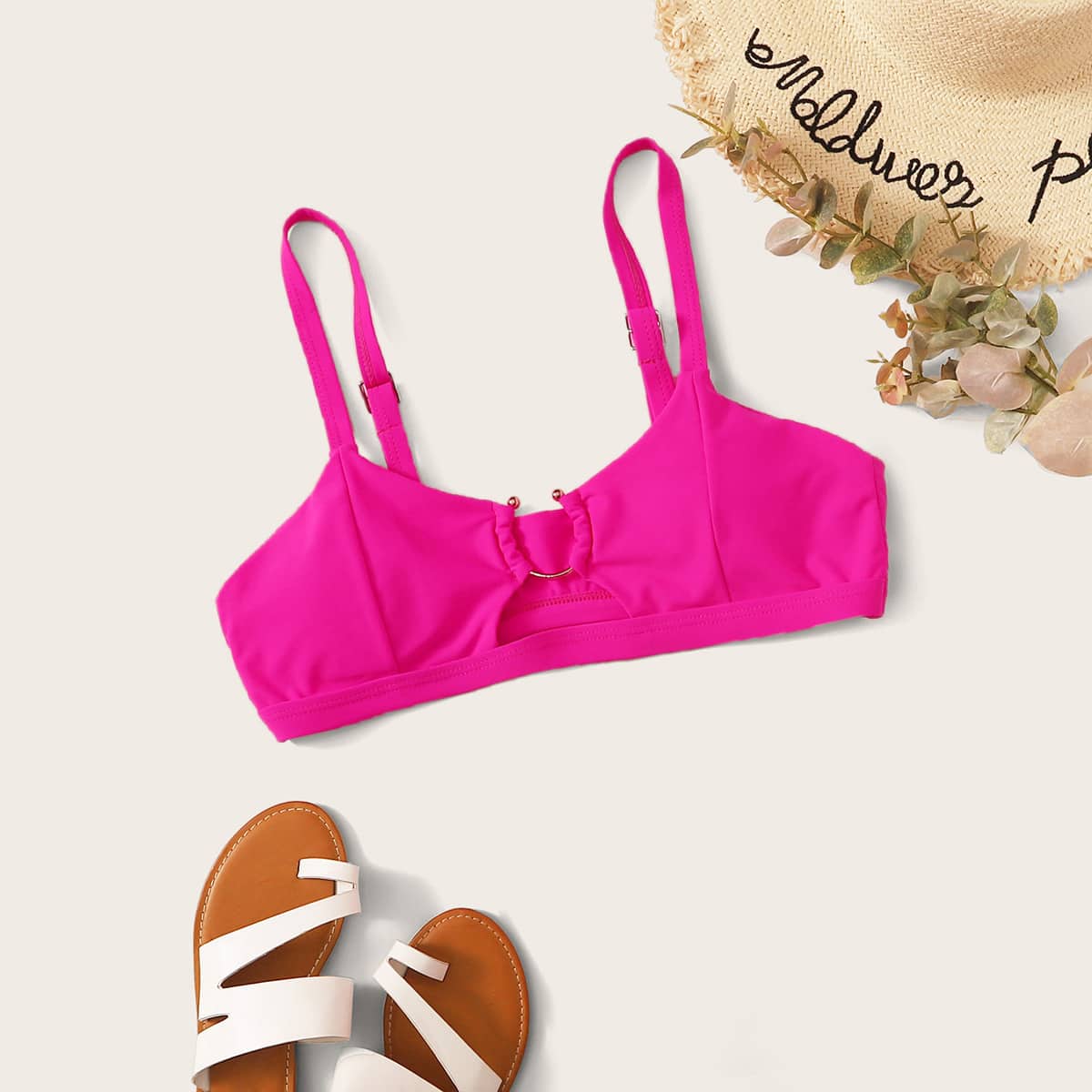 

Cut-out Ring Linked Bikini Top, Hot pink