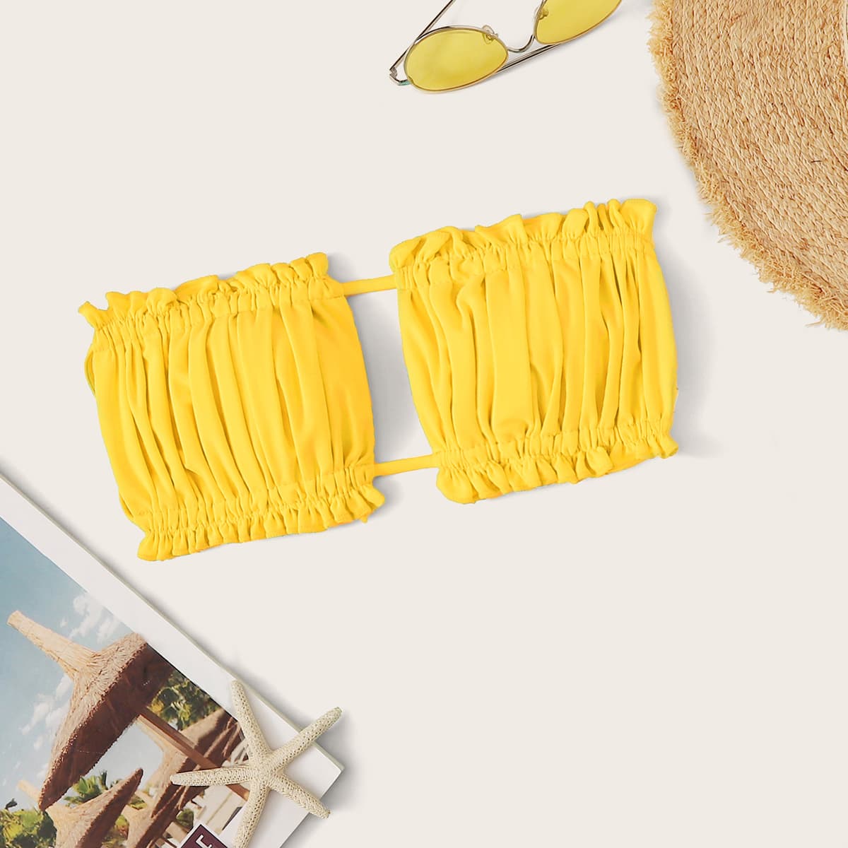 

Ruched Bust Frill Bandeau Bikini Top, Yellow bright