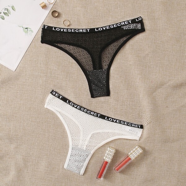 

2pack Letter Tape Lace Panty Set, Black and white