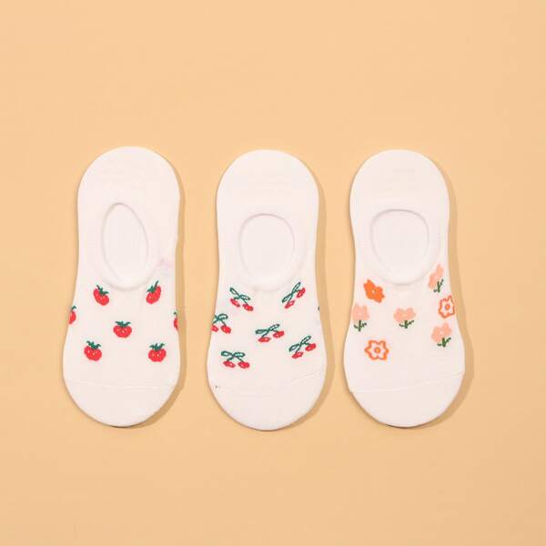 

3pairs Floral Pattern Socks, White