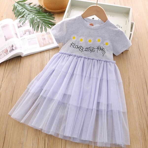 

Toddler Girls Floral And Letter Graphic Contrast Mesh Dress, Grey