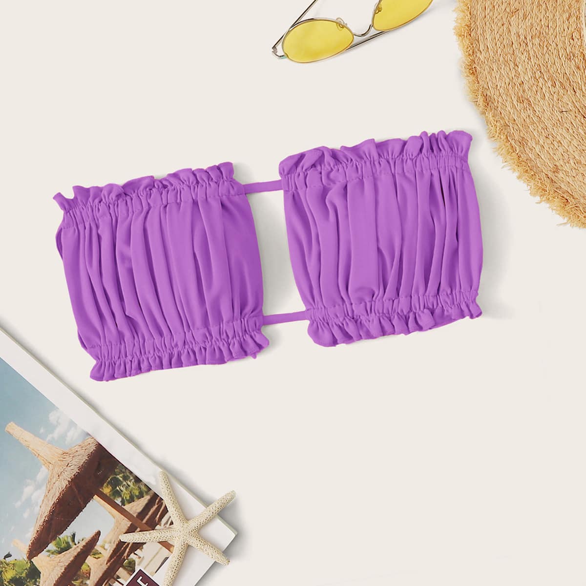 

Ruched Bust Frill Bandeau Bikini Top, Violet purple