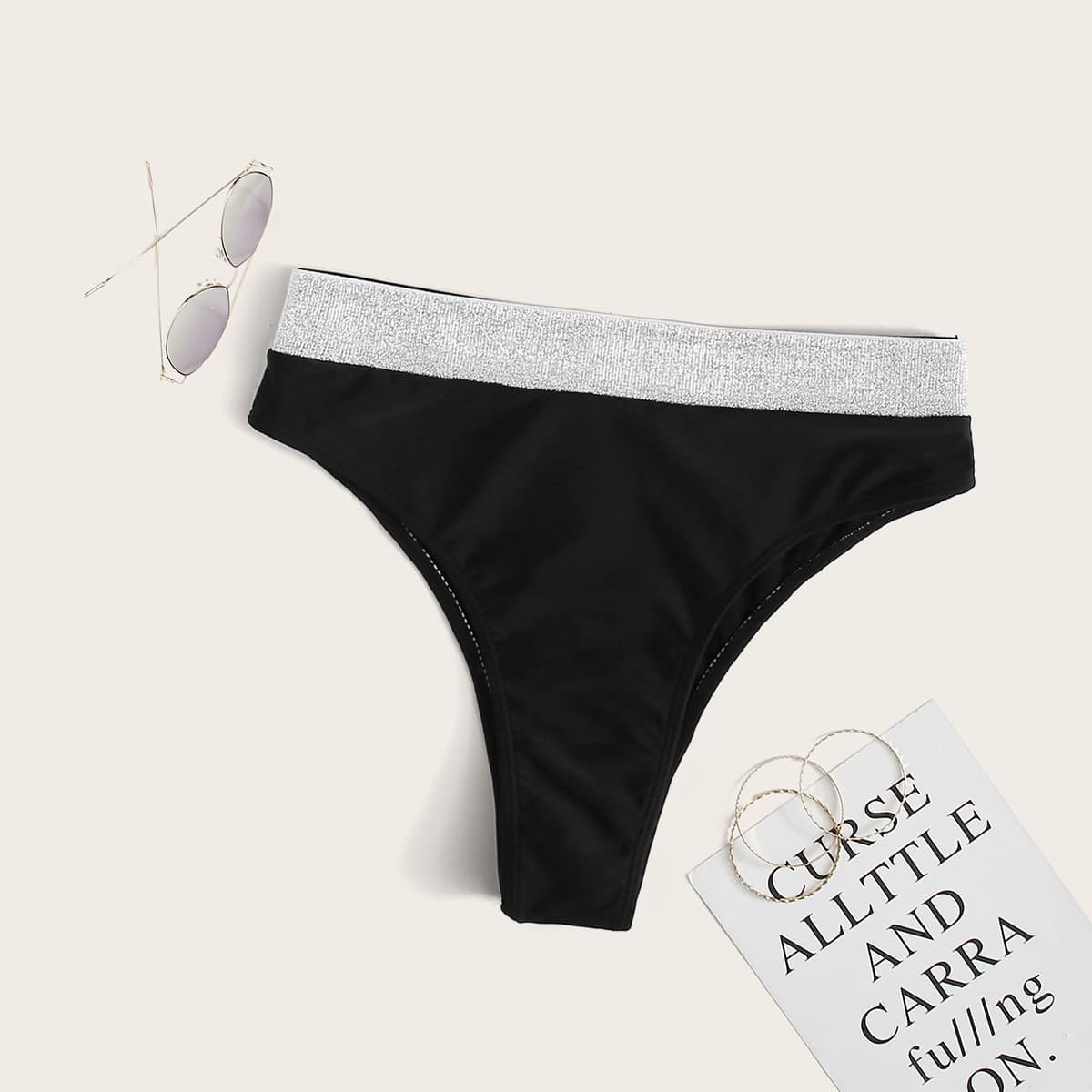 

Glitter Trim High Waisted Bikini Panty, Black