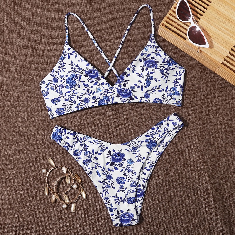 

Floral Criss Cross High Cut Bikini Swimsuit, Blue