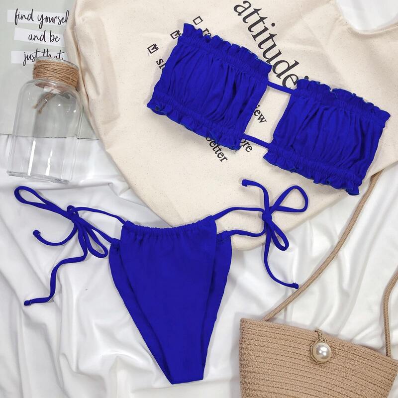

Ruched Bust Bandeau Tie Side Bikini Swimsuit, Royal blue