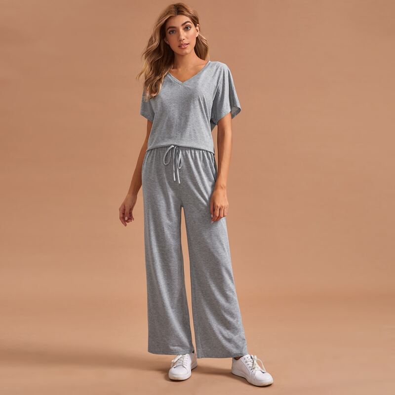 

Solid Drawstring Waist PJ Set, Grey