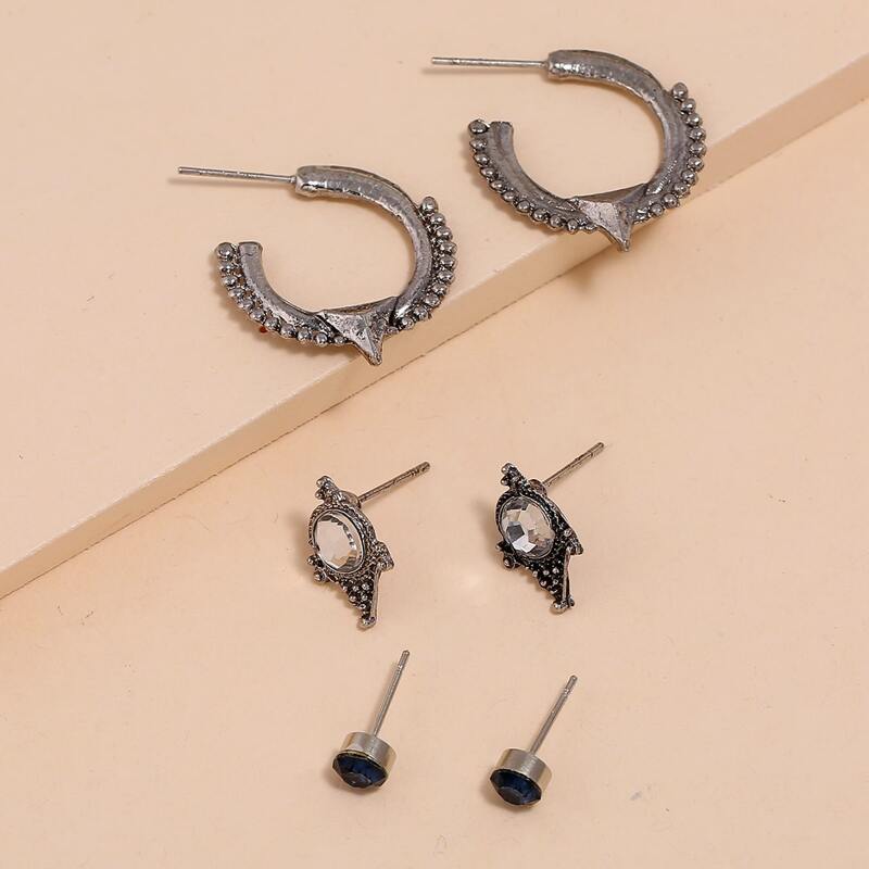 

3pairs Rhinestone Earrings Set, Silver