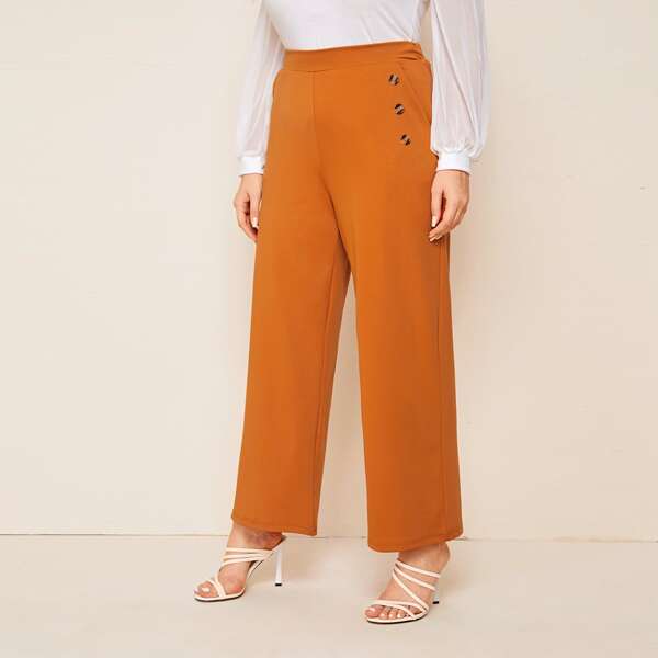 

Plus Solid Button Wide Leg Pants, Orange