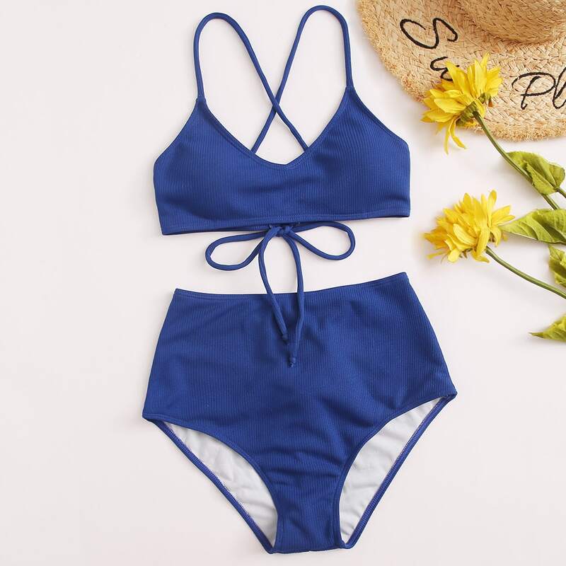 

Rib Tie Back High Waisted Bikini Swimsuit, Navy blue
