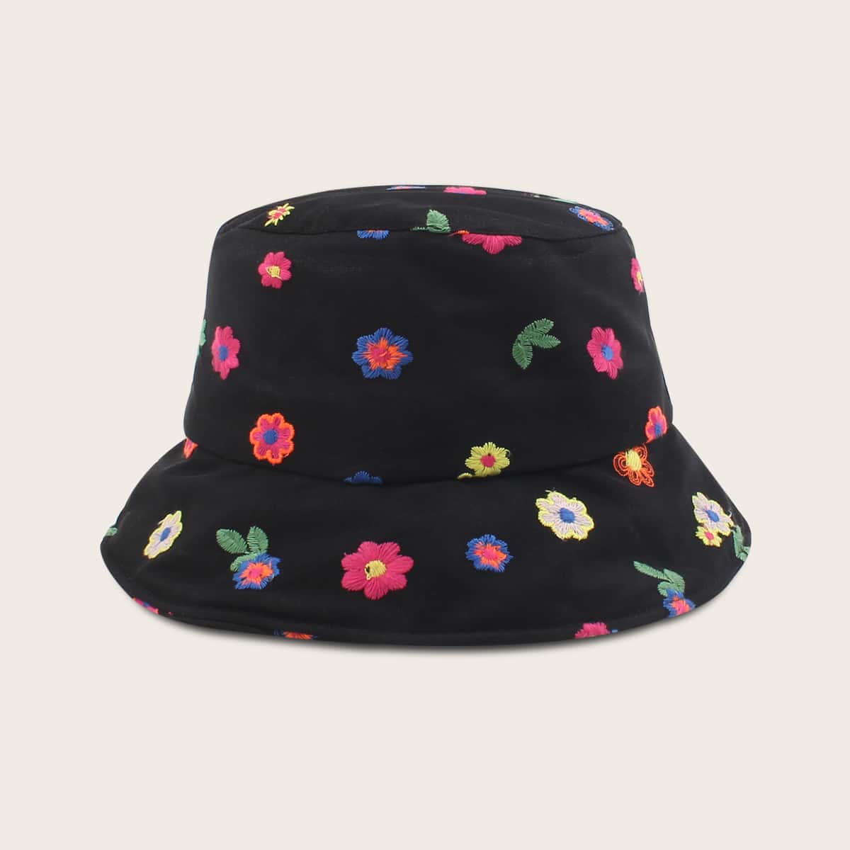 

Floral Embroidered Bucket Hat, Black
