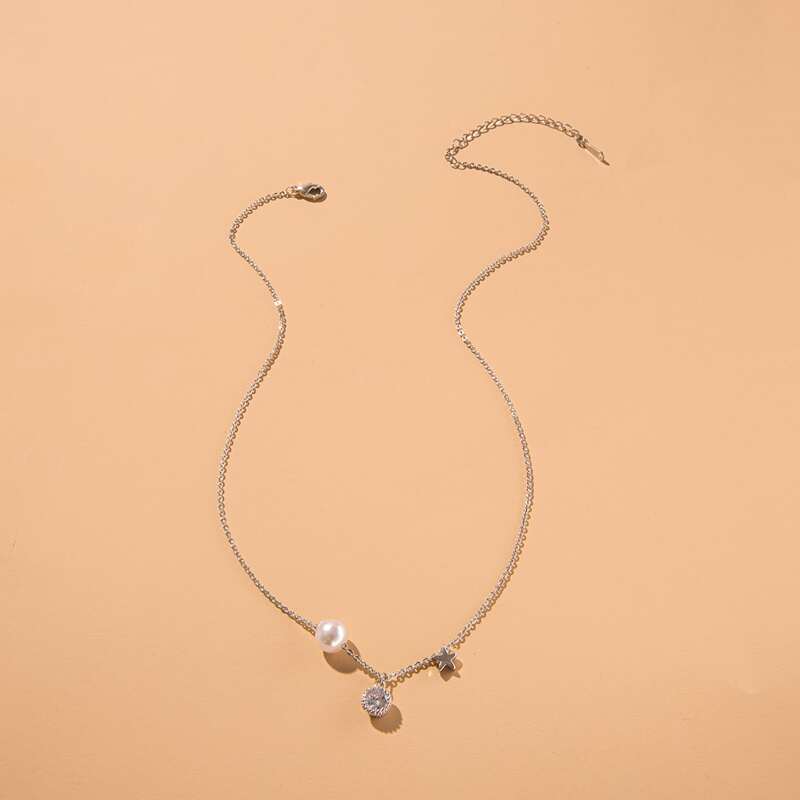 

Faux Pearl Charm Necklace, Silver