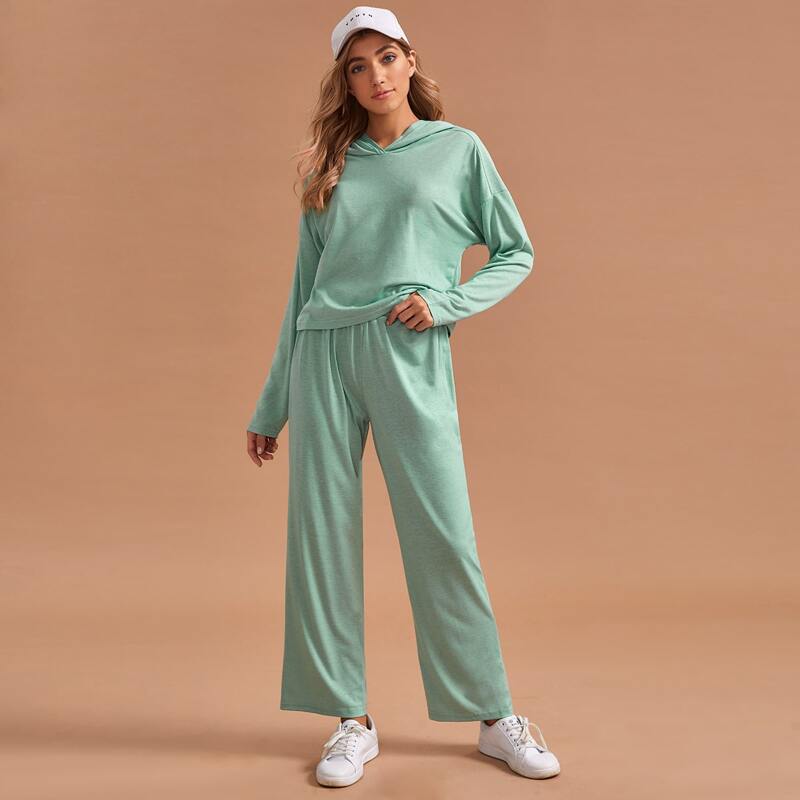 

Drop Shoulder Hoodie & Pants PJ Set, Green